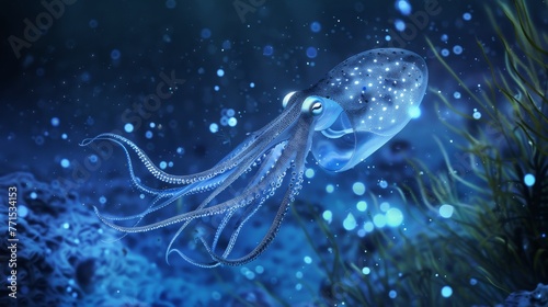 Illustration of bioluminescent squid in defensive mode, using light to deter predators no dust photo