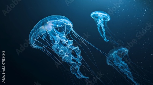 Glowing jellyfish swimming in the deep ocean, illuminating the dark waters around them no dust