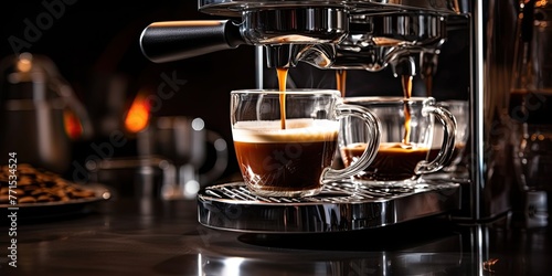 A stream of espresso flows gracefully from the coffee machine, promising a moment of pure indulgence.