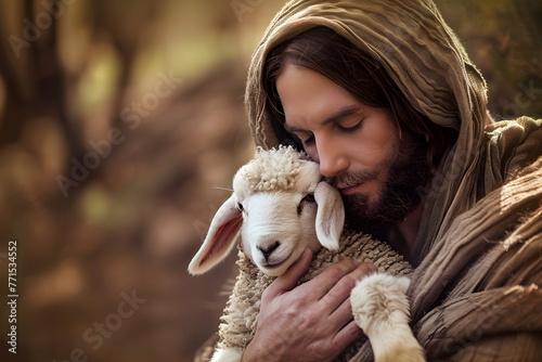 Jesus Christ holding and hugging a lamb photo