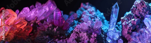 Fluorescence in minerals and organisms, vibrant colors under UV light hyper realistic photo