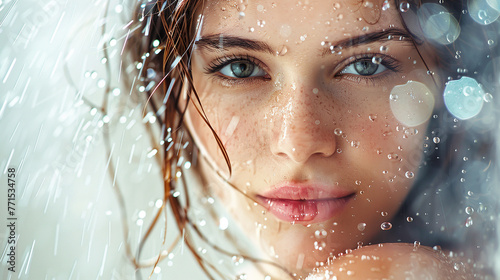 Beautiful female model in advertisement with water on her face.