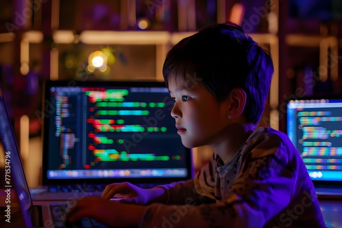 Portrait of a young boy learning how to code