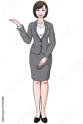 笑顔でご案内するスーツ姿の若い女性_正面