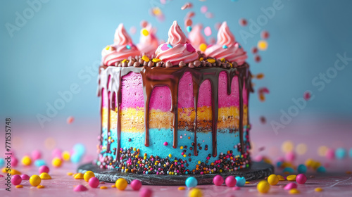 Bright birthday celebration card concept. Beautiful tall layered cake with icing, sweets, meringues on bright background with chocolate dripping icing