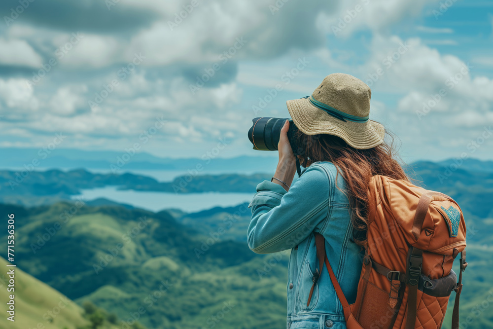 Woman traveler wearing jeans jacket and Carrying an orange backpack bring out her cameras to take pictures of the valley's beautiful scenery