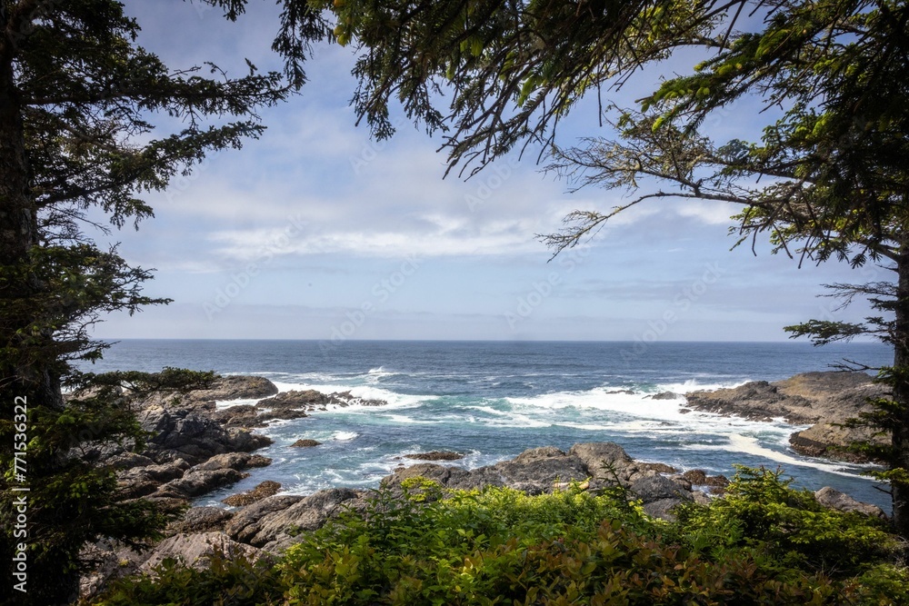 Beautiful shot of waves crashing onto the shoreline near Ucluelet, British Columbia Beautiful shot of waves crashing onto the shoreline near Ucluelet, British Columbia
