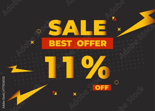 11% off sale best offer. Sale banner with eleven percent of discount, coupon or voucher vector illustration. Yellow and red template for campaign or promotion.