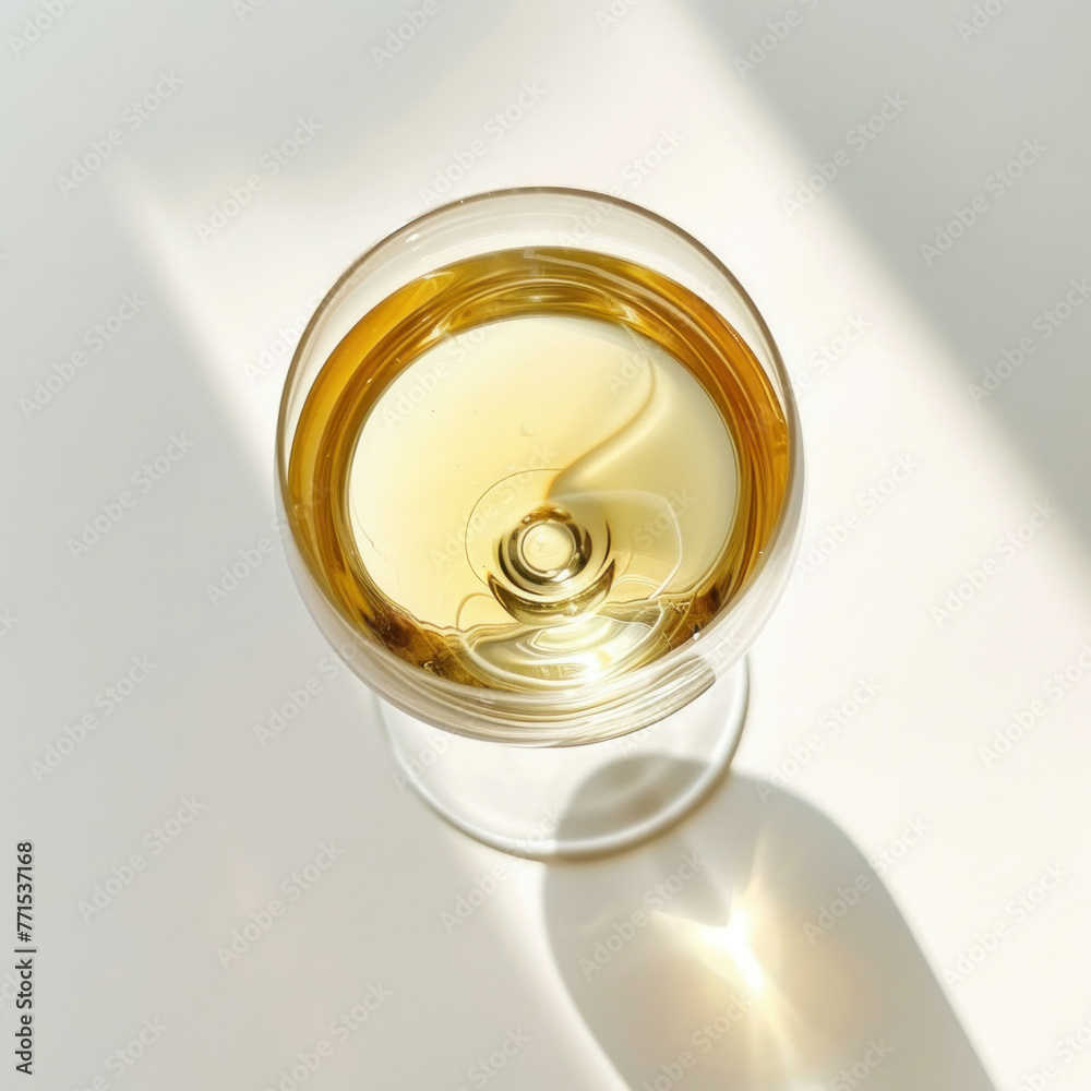Refreshing white wine glass illuminated by sunlight on wooden table in cozy setting Refreshing white wine glass illuminated by sunlight on wooden table in cozy setting