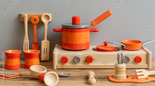 Toy kitchen set complete with pots, pans, and utensils, encouraging imaginative culinary adventures.