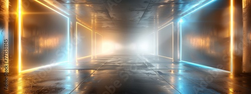 Metal glowing tunnel with neon light and perspective, abstract tech futuristic background. © JovialFox