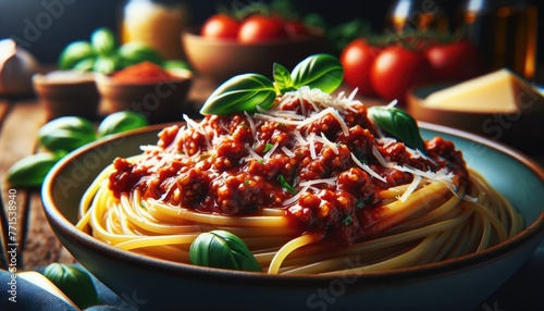 Macro sur Spaghetti Bolognaise traditionnel, gros plan