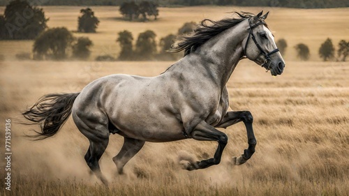 The regal horse gallops across the fields, a symbol of freedom and endurance