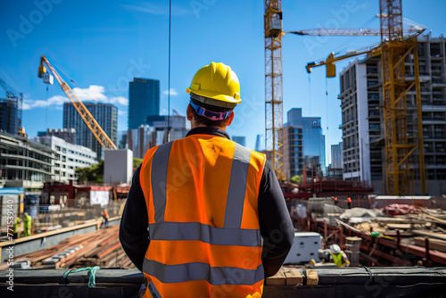 Construction engineer wearing yellow reflective vest and safety helmet stands in front of large construction site.