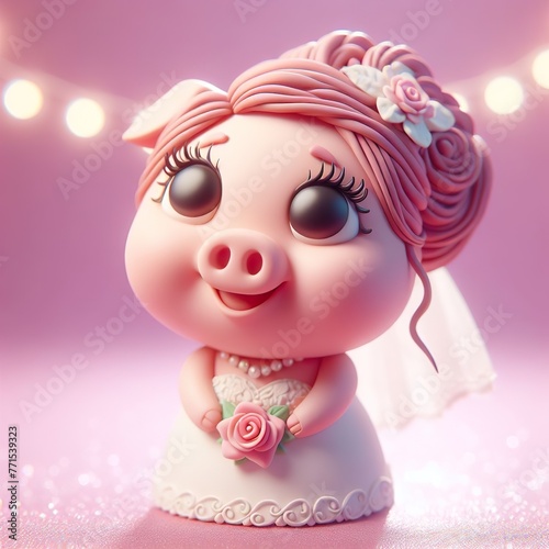 A cute wedding bride pig  female with big eyes and eyelashes smiling happily  hair in an updo style made of clay material  with a pink color scheme