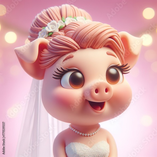 A cute wedding bride pig, female with big eyes and eyelashes smiling happily, hair in an updo style made of clay material, with a pink color scheme