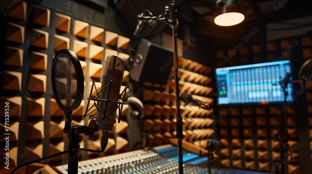 Voiceover recording studio with sound booths, script stands, and professional microphones, facilitating voiceover work for various media projects.