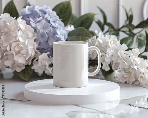 A white coffee cup placed on top of a white plate, creating a simple yet elegant composition