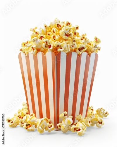 A red and white striped bag of popcorn sitting on a table