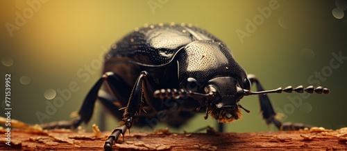 A black beetle, an arthropod and terrestrial animal, is crawling on a piece of wood. This event can be captured through macro photography, showcasing the fascinating world of invertebrates in science