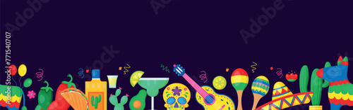 Mexico carnival Cinco de mayo seamless pattern border vector illustration, Mexican cuisine and festival symbols travel elements illustration.