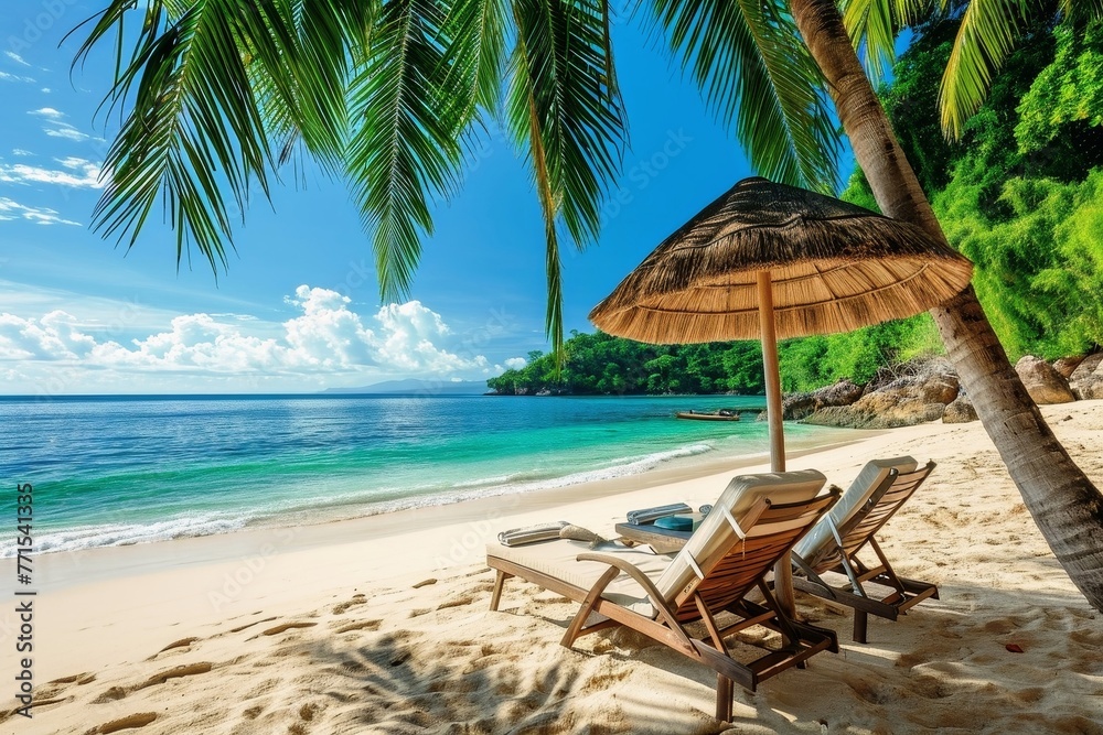 A deck chair and parasol on a secluded dream beach with palm trees.