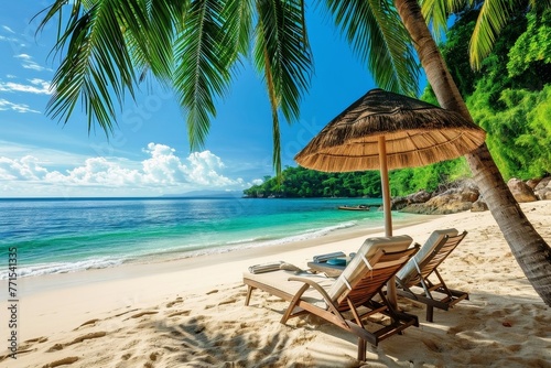 A deck chair and parasol on a secluded dream beach with palm trees.