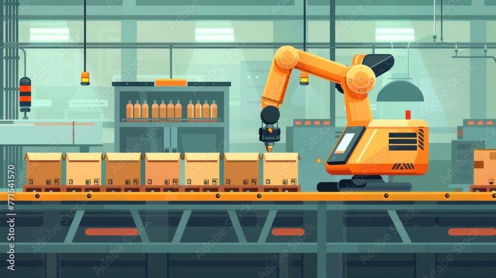 A robotic arm lifts cardboard boxes and stacks them on a forklift. A robotic arm lifts cardboard boxes and stacks them on a forklift.