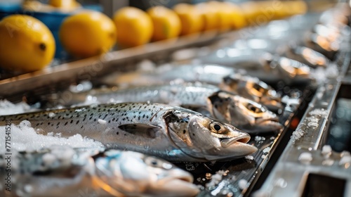 Raw sea fish on a factory conveyor belt