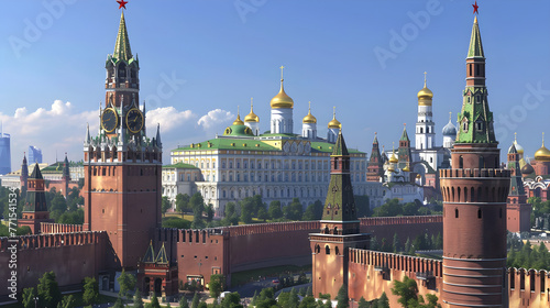 Historical Grandeur: The Majestic View of Russian Kremlin Architecture Against a Blue Sky