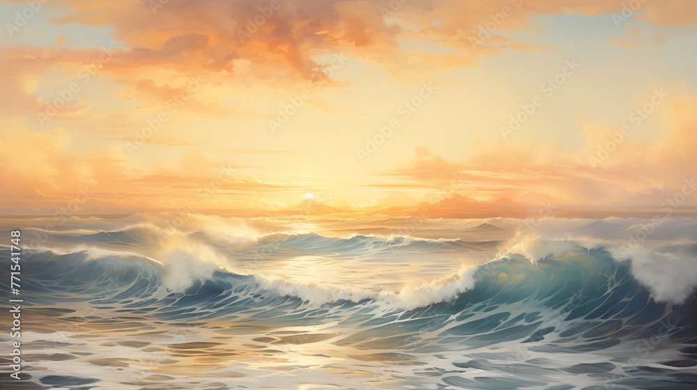 An atmospheric watercolor painting showcasing a golden sunrise over the ocean, with soft hues and a sense of tranquility.