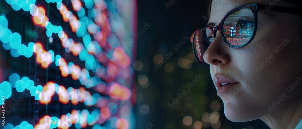 Scientist analyzing genetic data, concentration, screen glow, detailed view.
