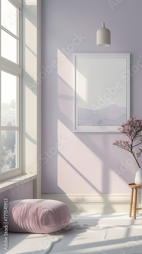 Frame Mockup, Picture frame template/ mockup in an modern purple pastel colored living room. Photoframe Mock-up background. Modern interior design.  © Dennis