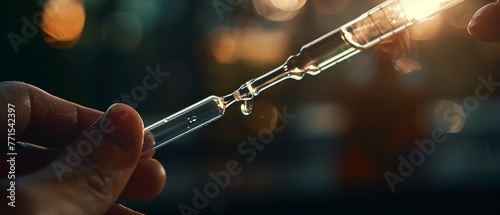 Hand holding a medicine dropper, precise dosage, clear liquid, focused light. photo