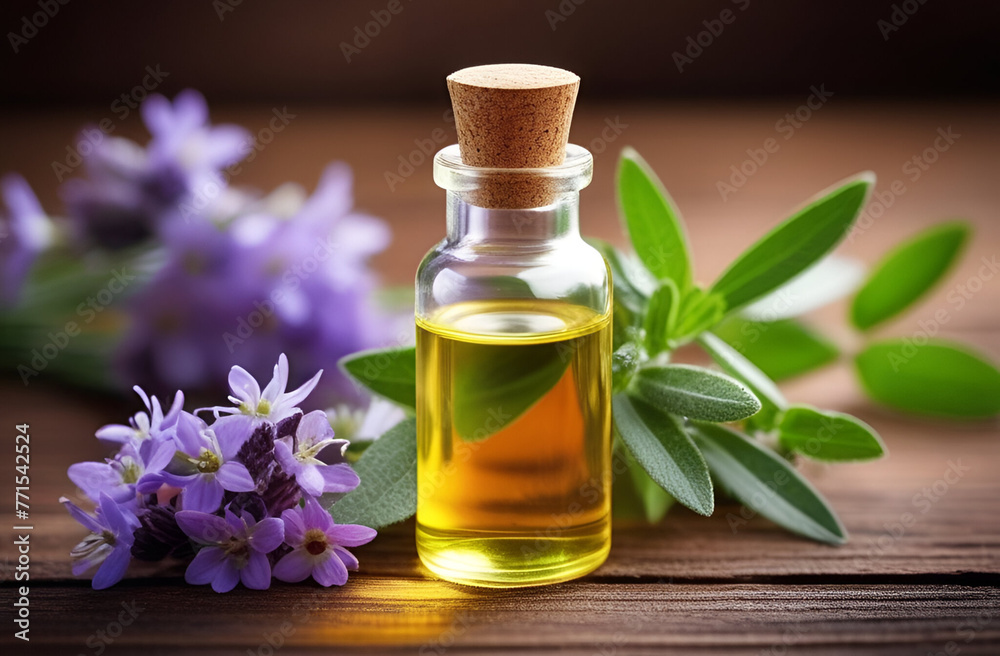 Fresh essential oil bottle and green herbs and flowers on light background ,Essential oil in glass bottle for cosmetics, relaxing, massage. Aromatherapy and woman perfume concept.