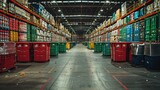 A large warehouse filled with brightly colored trash cans and boxes of recycled materials.