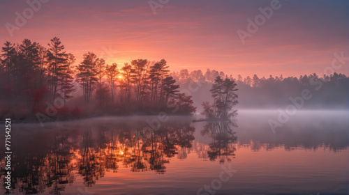 Tranquil Red Dawn: Serene Lake Awakening