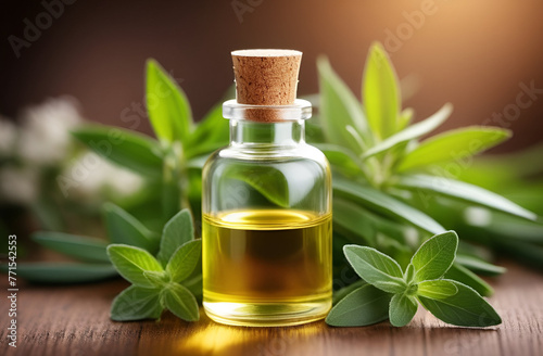 Fresh essential oil bottle and green herbs and flowers on light background ,Essential oil in glass bottle for cosmetics, relaxing, massage. Aromatherapy and woman perfume concept.