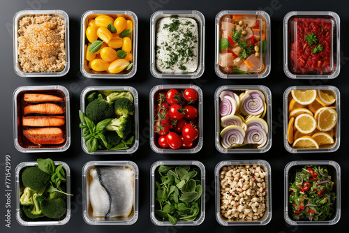 Assorted food in plastic containers on black background with copy space for text