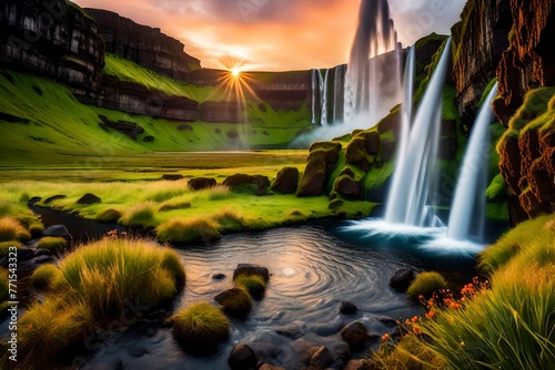 The breathtaking scenery of Iceland at sunset. The waterfall and the lovely sky over the streams and flower-filled plains. Icelandic landscape. imaginative picture. a well-liked vacation spot