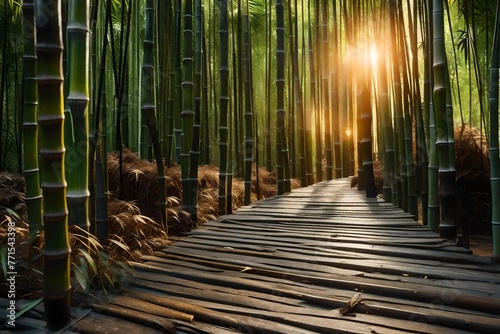 A wooden platform and a jungle of Asian bamboo illuminated by early light