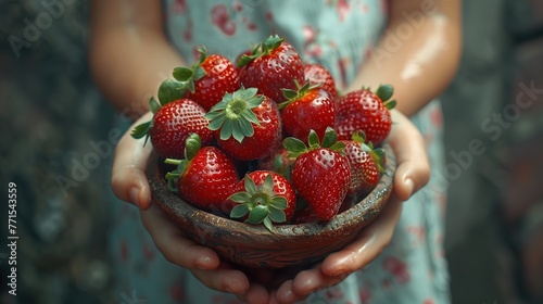 Fresh Harvest: Close-Up of Hands Holding a Wooden Bowl of Strawberries