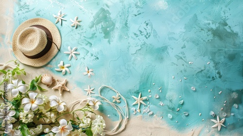 A hat, flowers, and seashells arranged on a vibrant blue background, creating a colorful and summery display