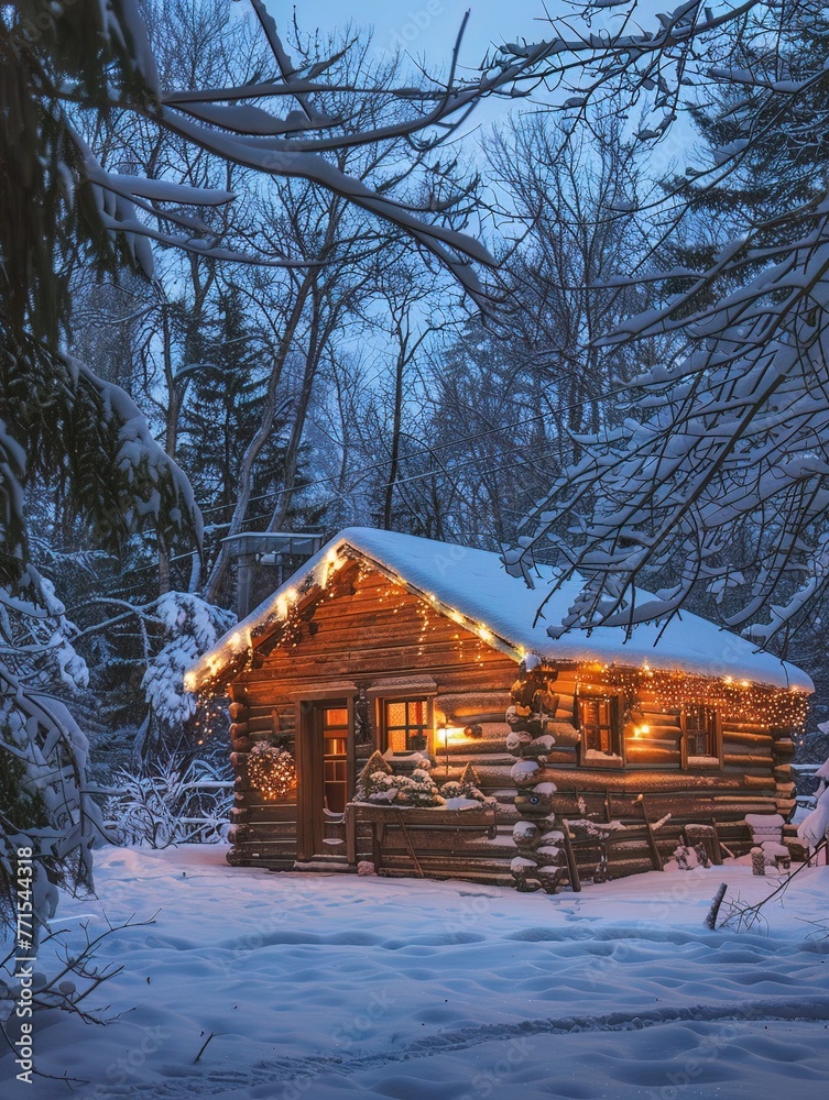 A quaint wooden cabin with twinkling Christmas lights and a dusting of fresh snow
