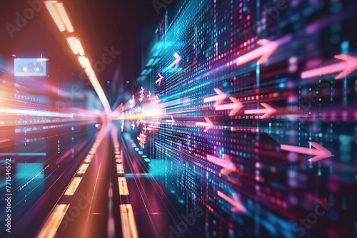 Digital data flow with rising arrows, visualizing fastpaced information transfer photo