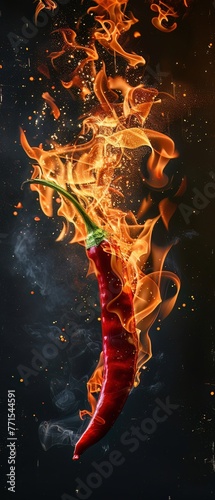 Fiery chili pepper ablaze, embodying the extreme heat and spice of culinary flavors photo