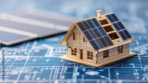Blue print of smart home with solar panel system on the roof for renewable energy concept.
