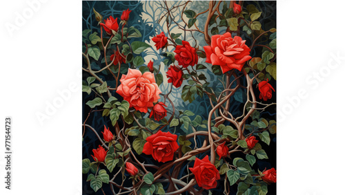 Lush Red Climbing Roses: This artwork captures the rich beauty of climbing roses in full bloom, with deep red petals and verdant leaves intricately woven among the vines