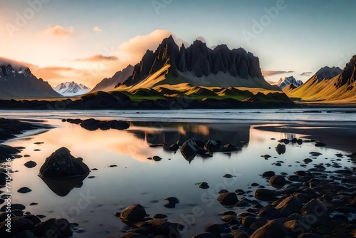 Vestrahorn mountain with reflections at sunset on Iceland's Stokksnes cape. Incredible seascape in Iceland. well-liked tourist destination. Top renowned travel destinations. Icelandic Scenery