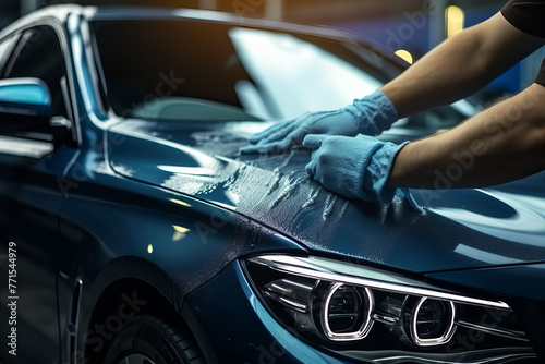 A man cleaning / wiping down a car using a microfiber cloth in a close-up view, illustrating the concept of car detailing or valeting. Modern car wash background.